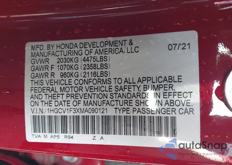 2021 Honda Accord Sport z USA, uszkodzony, nr VIN 1HGCV1F3XMA090121